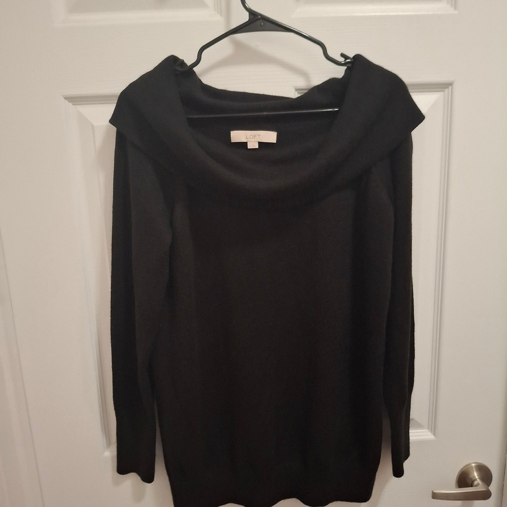LOFT Women's Black Long Sleeve Wide Neck Knit Sweater Top Size L
